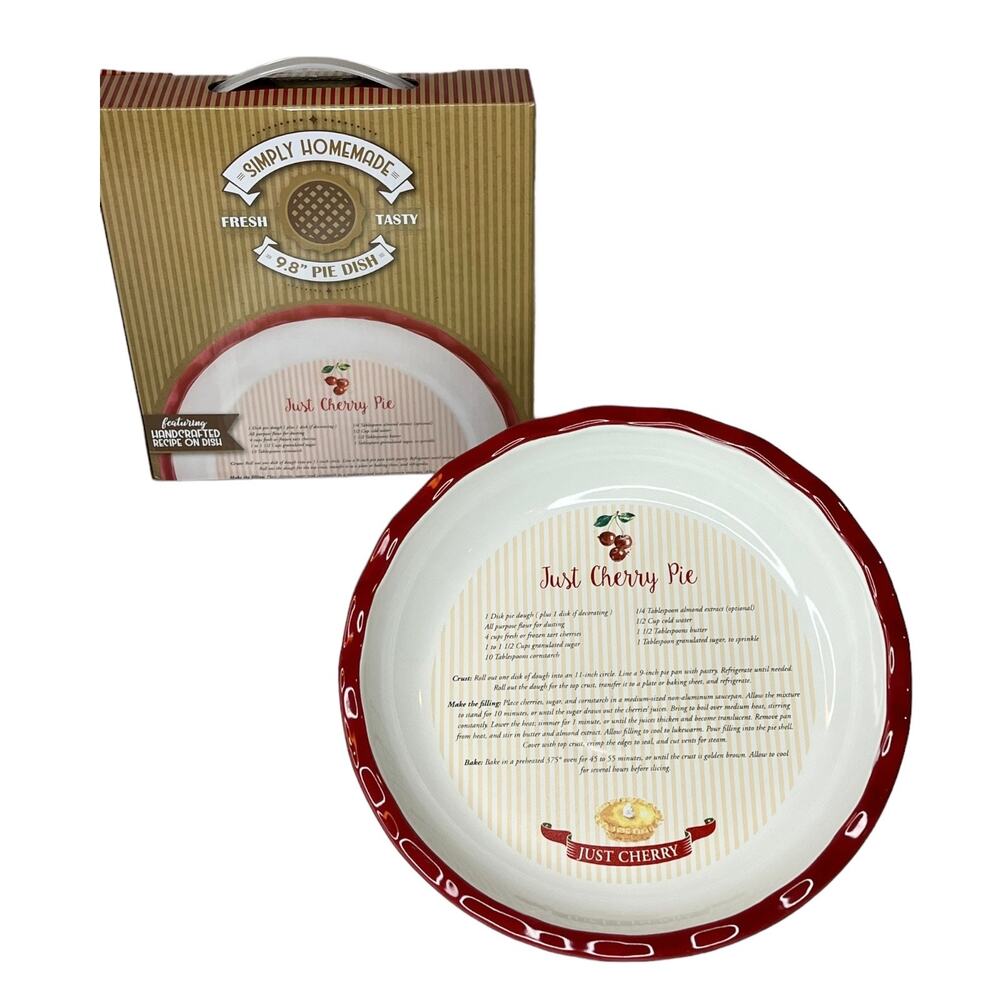 Simply Homemade Cherry Pie Plate 9.8" Oven Baking Dish Red Recipe Box Vtg